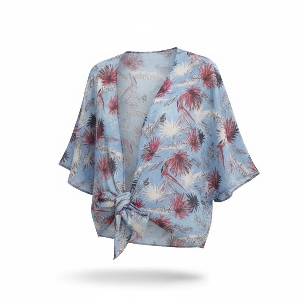 Easel Boho Floral Tie Front Top Blue Red Sheer Kimono Blouse Size L NWT